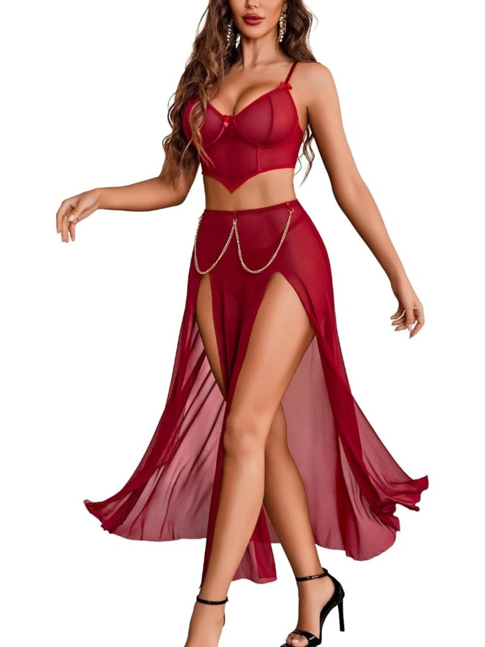 Women's Dark Red V Neck Sexy Long Skirt Two Side Split Lingerie 3 Piece Outfit